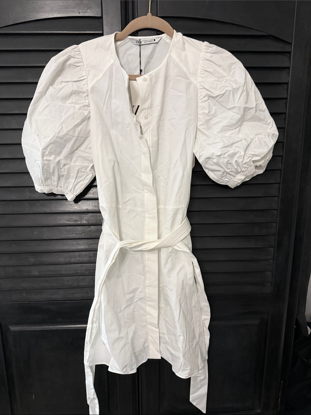 Zara White Puff Sleeve Belted Shirt Dress